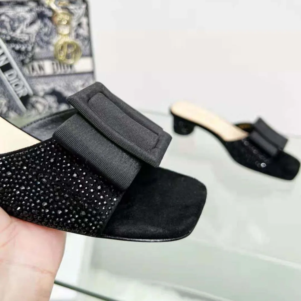 Dior Idylle Heeled Slide Black Suede Covered with Strass and Grosgrain for Women Dior Idylle Heeled Slide Black Suede Covered with Strass and Grosgrain for Women