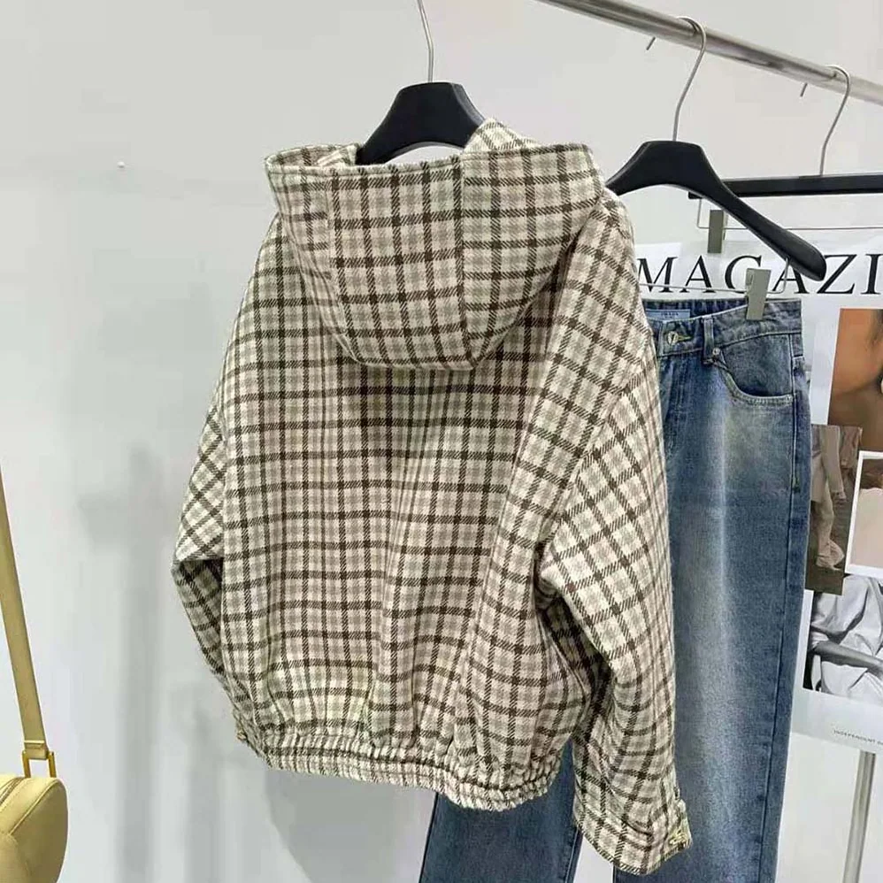 Miu Miu Check Blouson Jacket with Embroidered Logo for Women Miu Miu Check Blouson Jacket with Embroidered Logo for Women