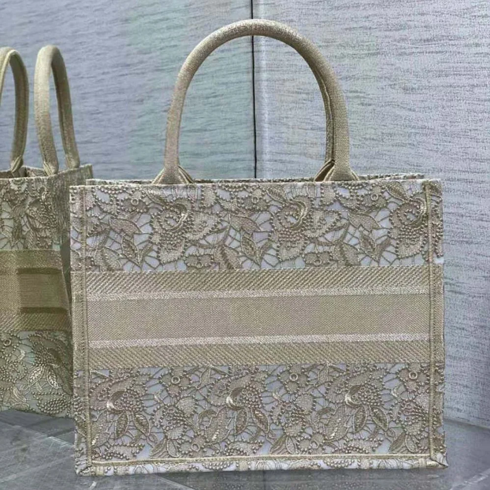 Dior Medium Dior or Dior Book Tote Gold-Tone D-Lace Embroidery with Macramé Effect for Women