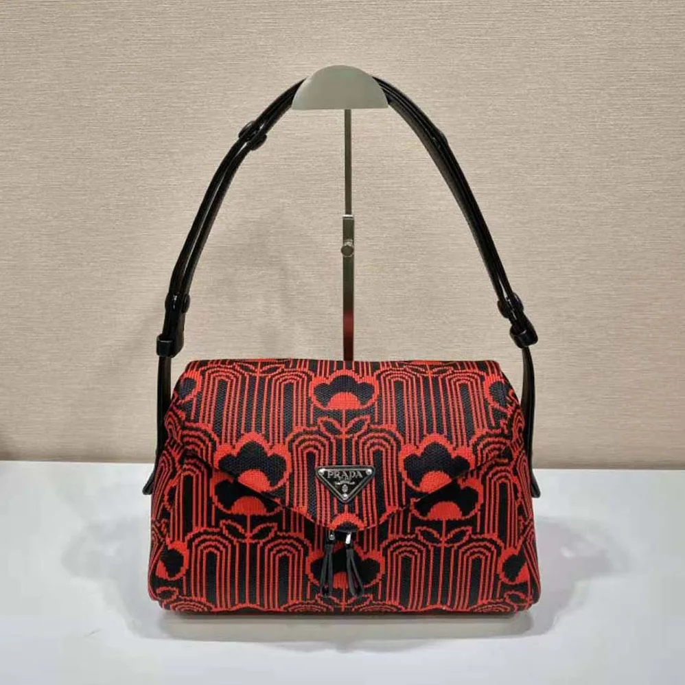 Prada Jacquard Knit and Leather Prada Signaux Bag for Women in Red Prada Jacquard Knit and Leather Prada Signaux Bag for Women in Red