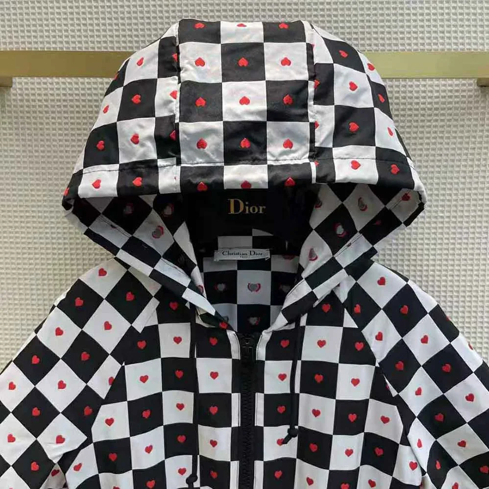 Dior Dioramour Hooded Short Dress Black White and Red D-Chess Heart Technical Taffeta Jacquard for Women Dior Dioramour Hooded Short Dress Black White and Red D-Chess Heart Technical Taffeta Jacquard for Women