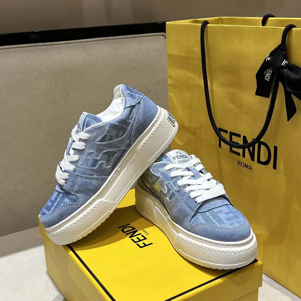 Fendi Match Denim-effect FF Jacquard and Light Blue Suede Platform Low Tops for Women