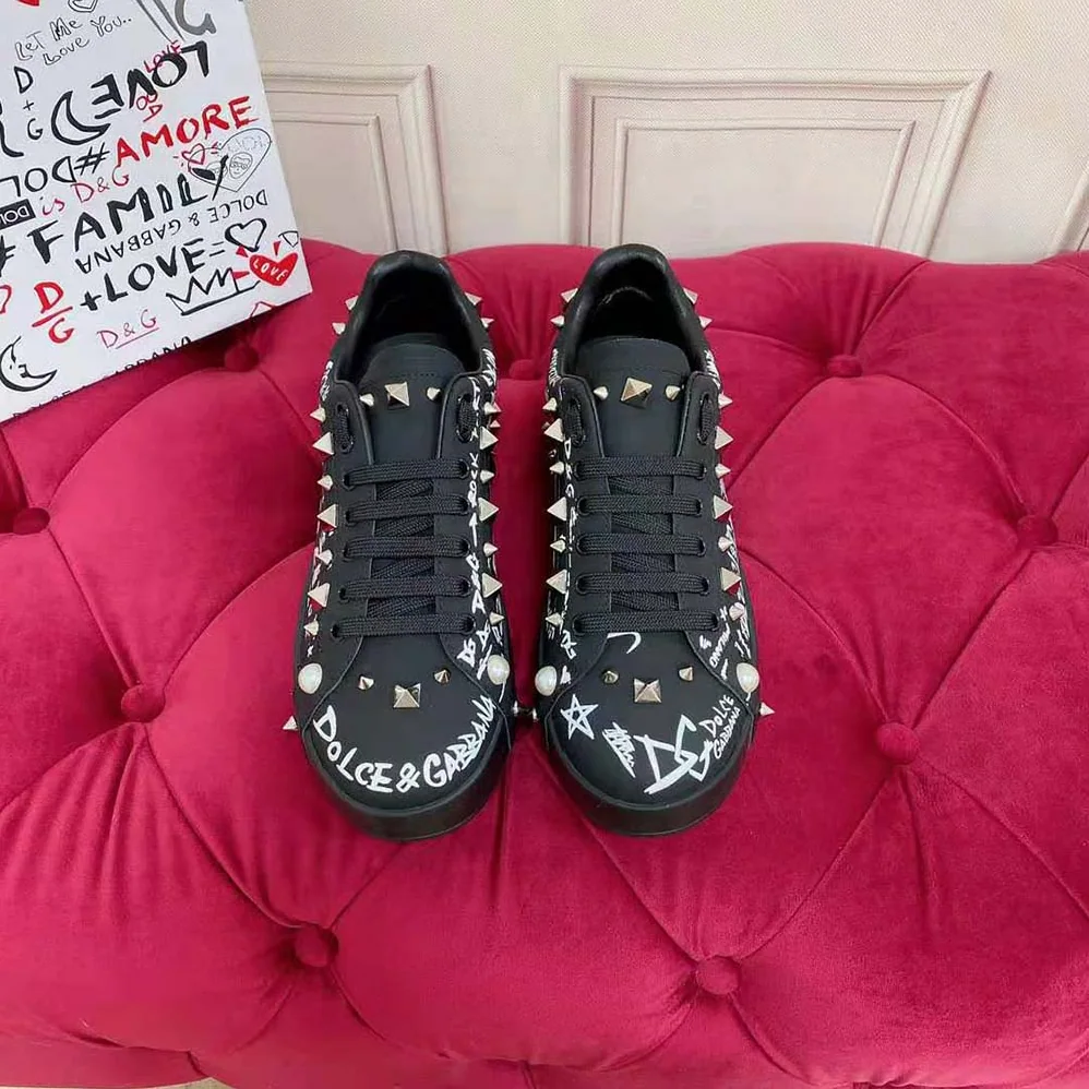 Dolce Gabbana D&G Calfskin Nappa Portofino Sneakers with Studs for Unisex in Black