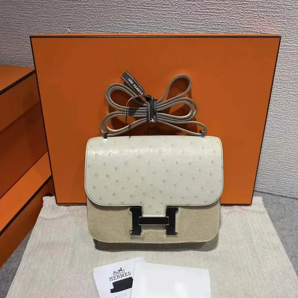Hermes Constance 19 Bag Nata Ostrich Leather for Women in White/Silver Hermes Constance 19 Bag Nata Ostrich Leather for Women in White/Silver