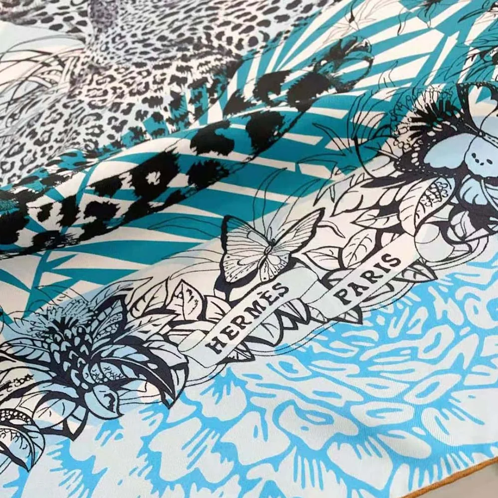 Hermes Jungle Love Stamped Scarf 70 in Silk Twill with Hand-Rolled Edges for Women in Blue