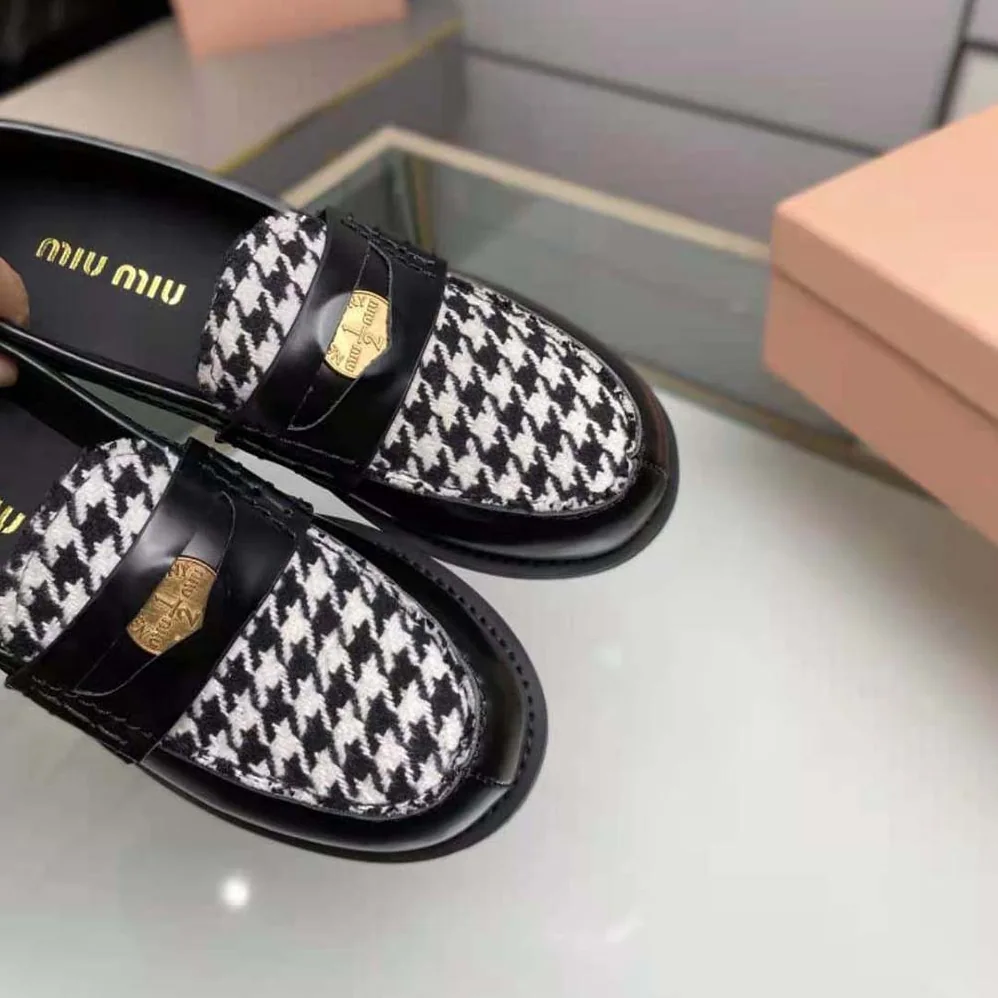 Miu Miu Brushed Leather and Gingham Check Fabric Loafers for Women