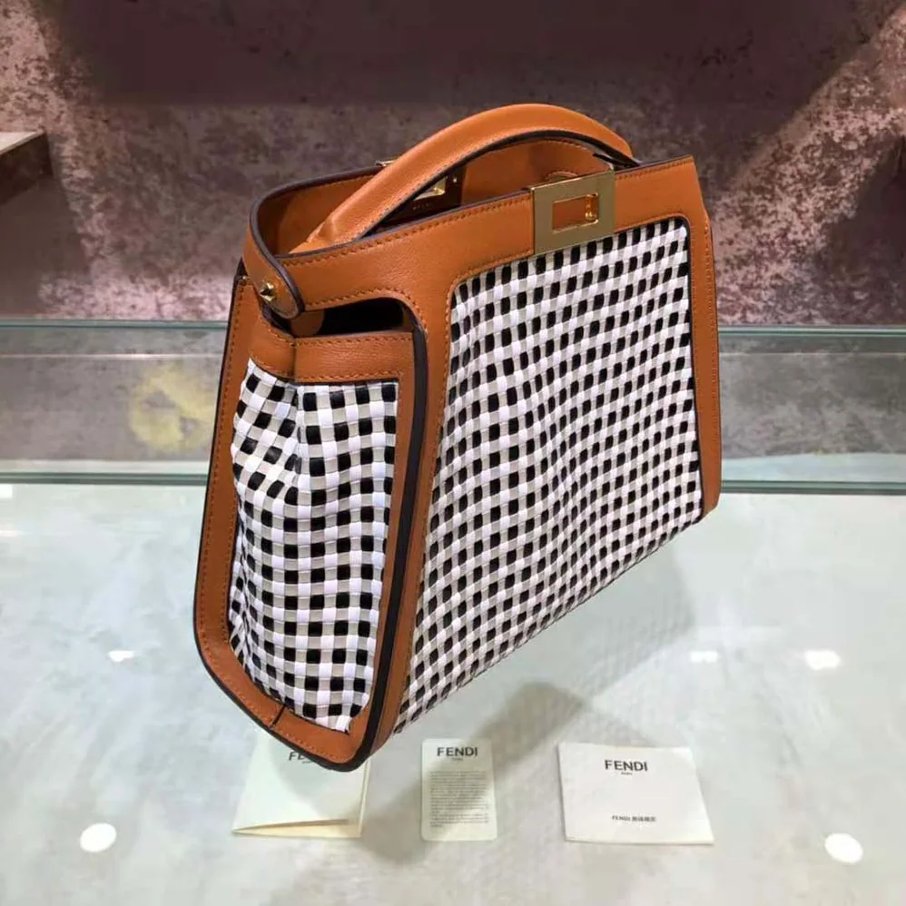 Fendi Peekaboo Iconic Essentially Check Interlace Bag for Women in Brown Fendi Peekaboo Iconic Essentially Check Interlace Bag for Women in Brown