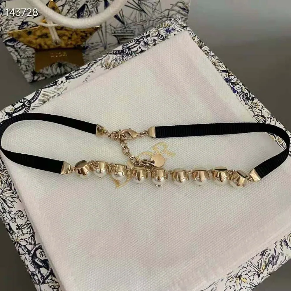 Dior D-Renaissance Choker Gold-Finish Metal with Black Grosgrain and White Resin Pearls for Women Dior D-Renaissance Choker Gold-Finish Metal with Black Grosgrain and White Resin Pearls for Women