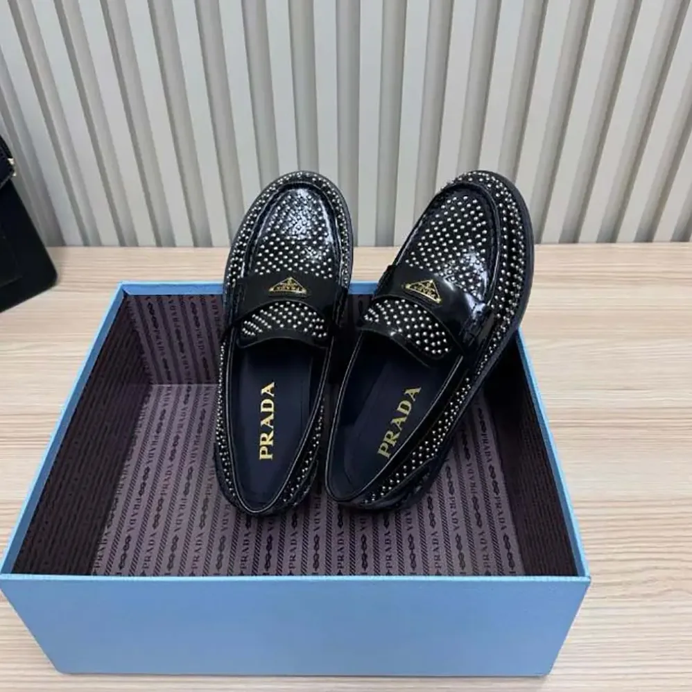 Prada Chocolate Satin Loafers with Crystals for Women in Black
