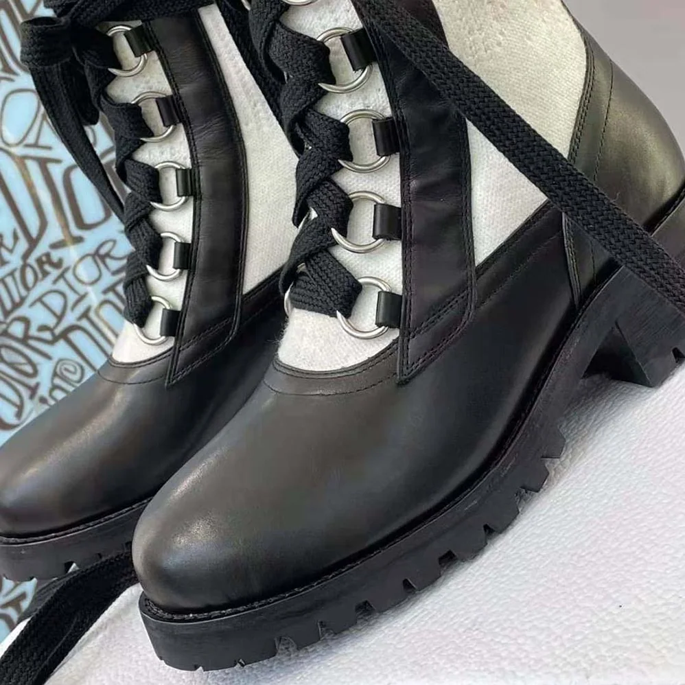 Dior Diorland Lace-up Boot Black Calfskin and White Cotton for Women Dior Diorland Lace-up Boot Black Calfskin and White Cotton for Women
