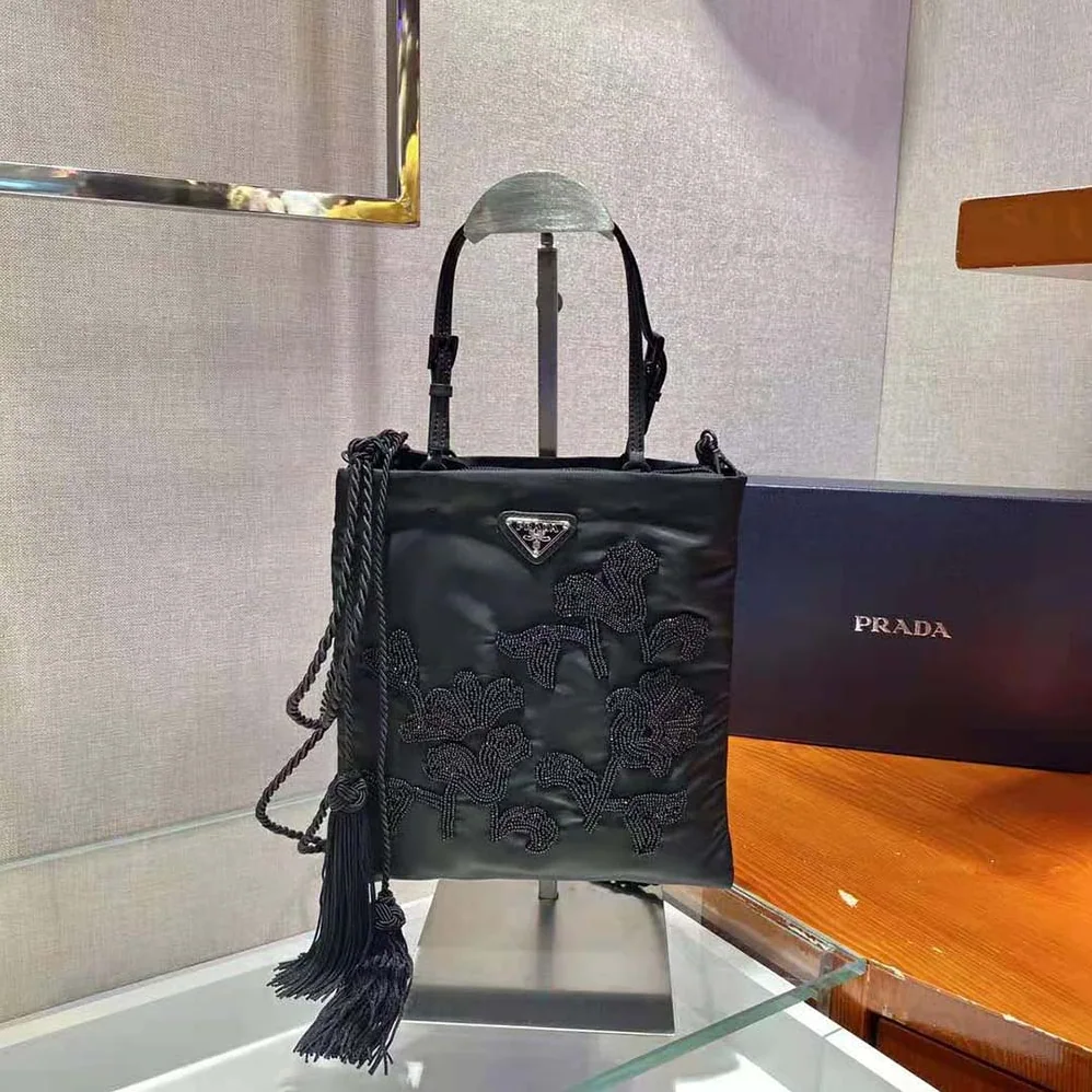 Prada Embroidered Nylon Handbag for Women in Black