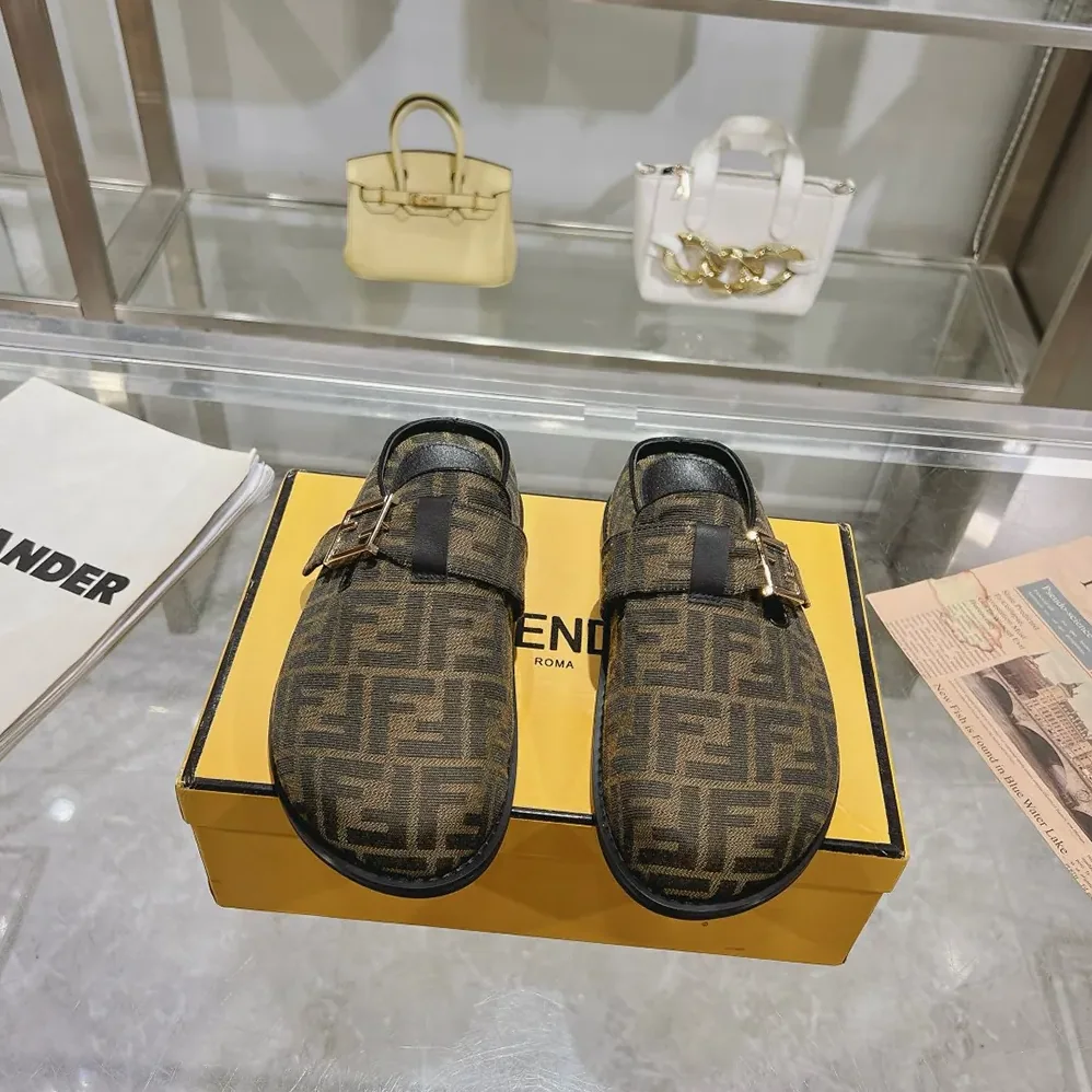 Fendi Feel Brown Fabric Sabots for Unisex
