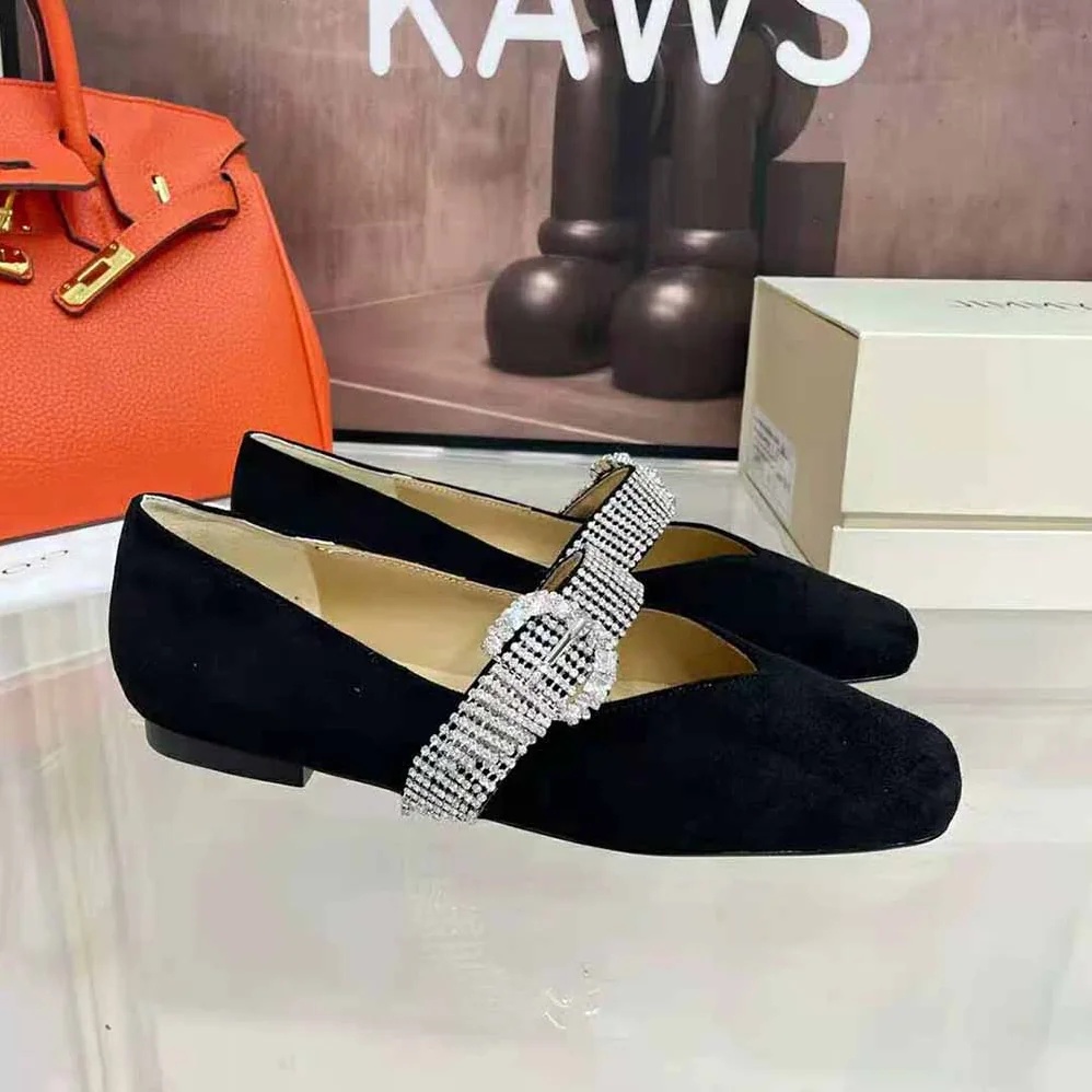 Jimmy Choo Krista Flat Black Suede Flats with Crystal for Women in Embellished Strap