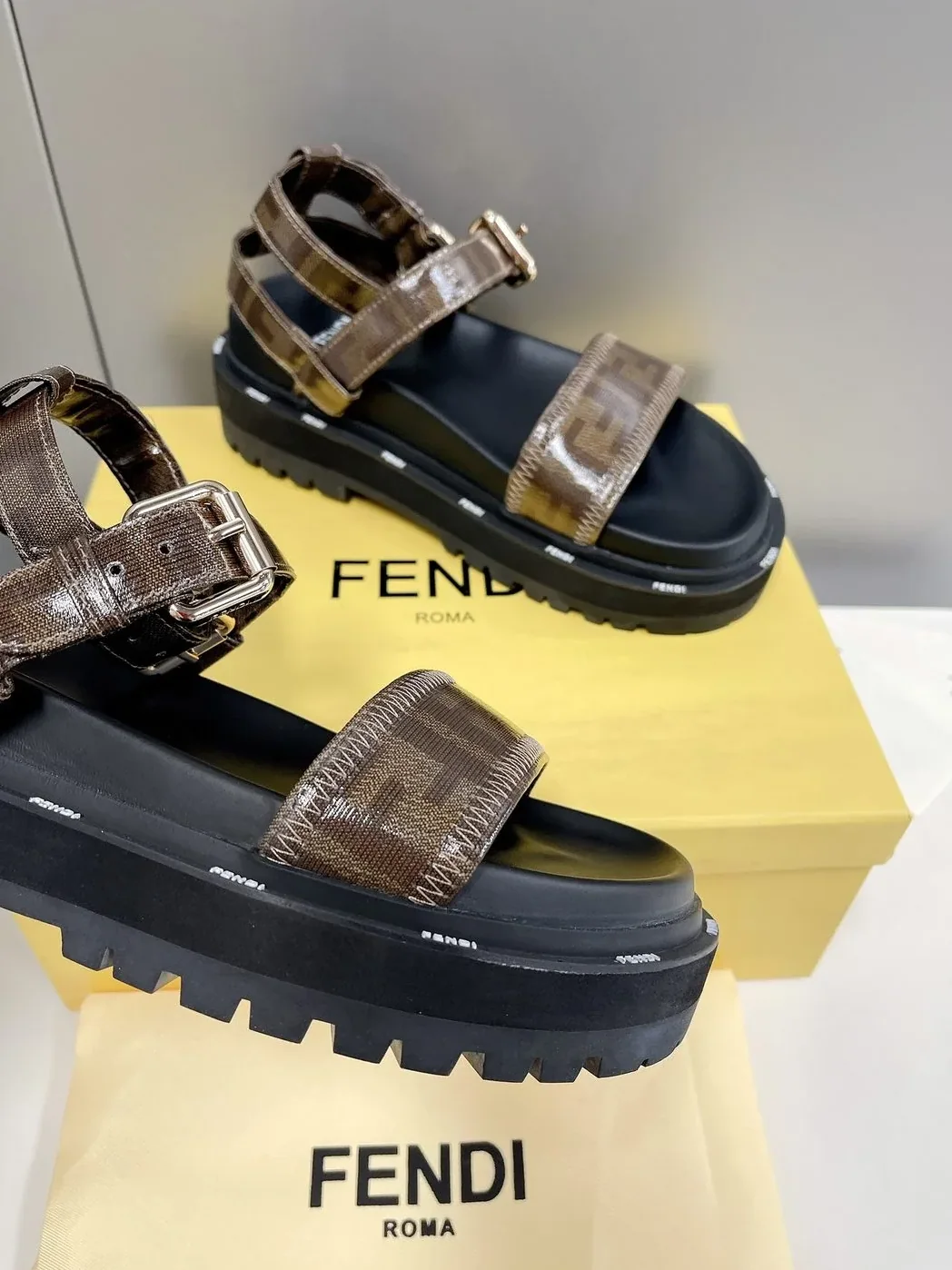 Fendi Brown FF Jacquard Sandals