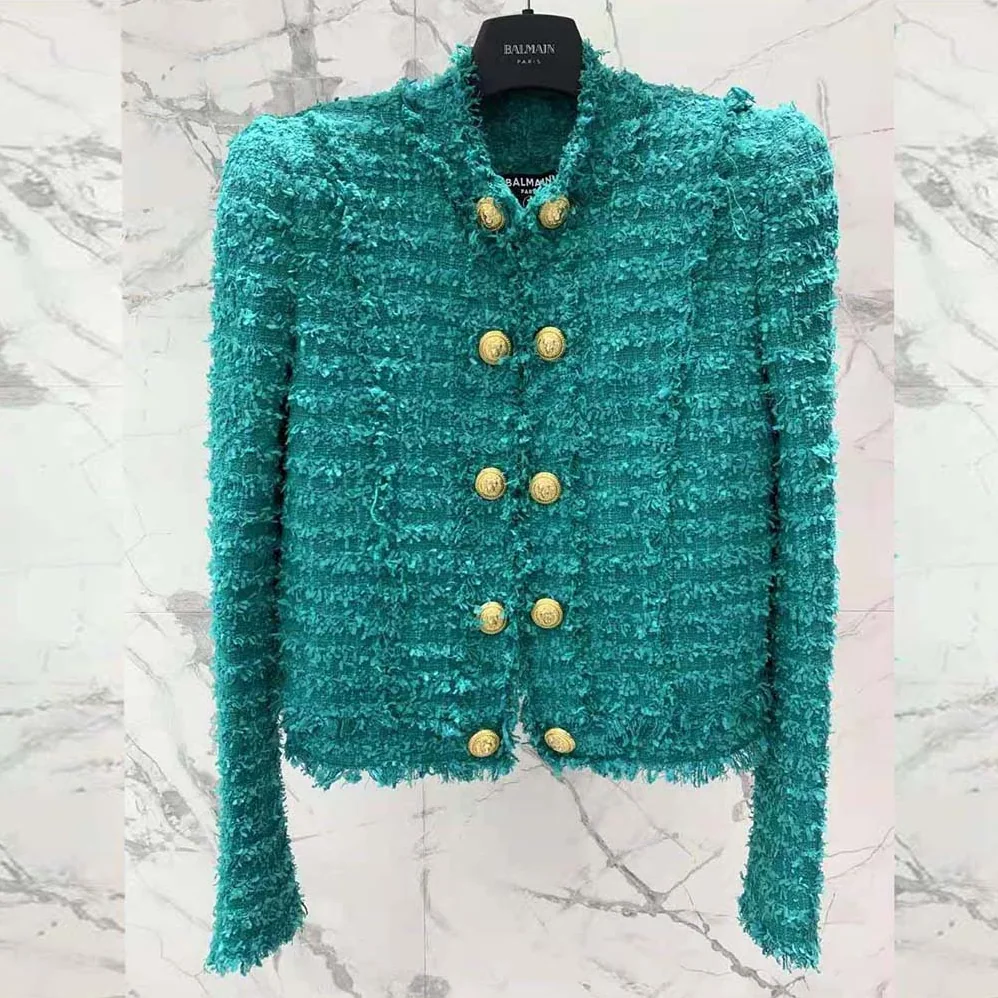 Balmain Fringed Tweed Jacket for Women in Green