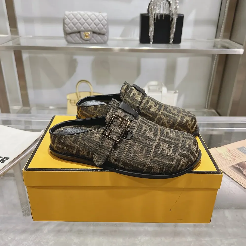 Fendi Feel Brown Fabric Sabots for Unisex