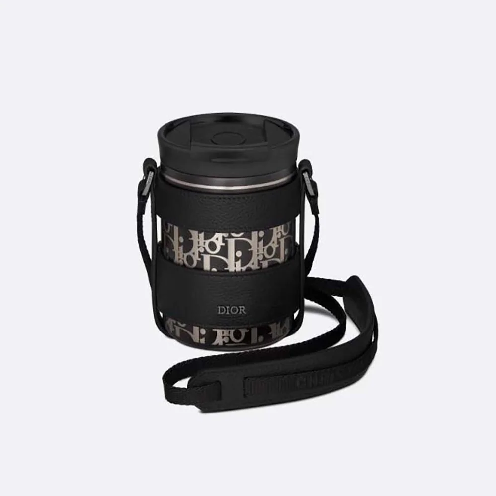Dior Aqua Mug with Shoulder Strap Black Grained Calfskin and Dior Oblique Stainless Steel for Unisex