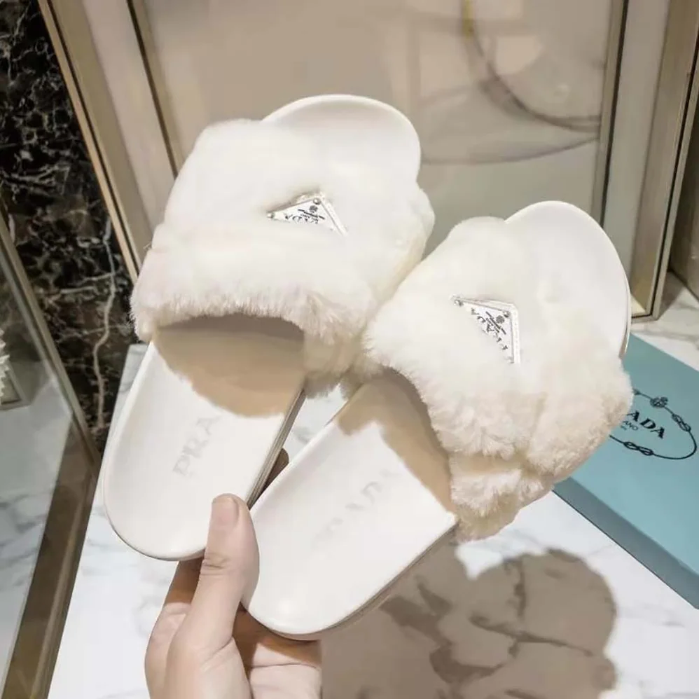 Prada Shearling Slides in 20mm Heel for Women in White