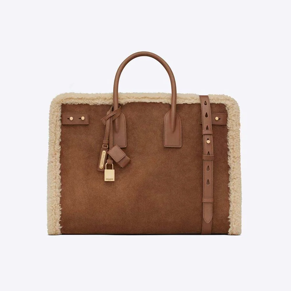 Saint Laurent YSL Sac De Jour Thin Large in Shearling and Suede for Men in Brown