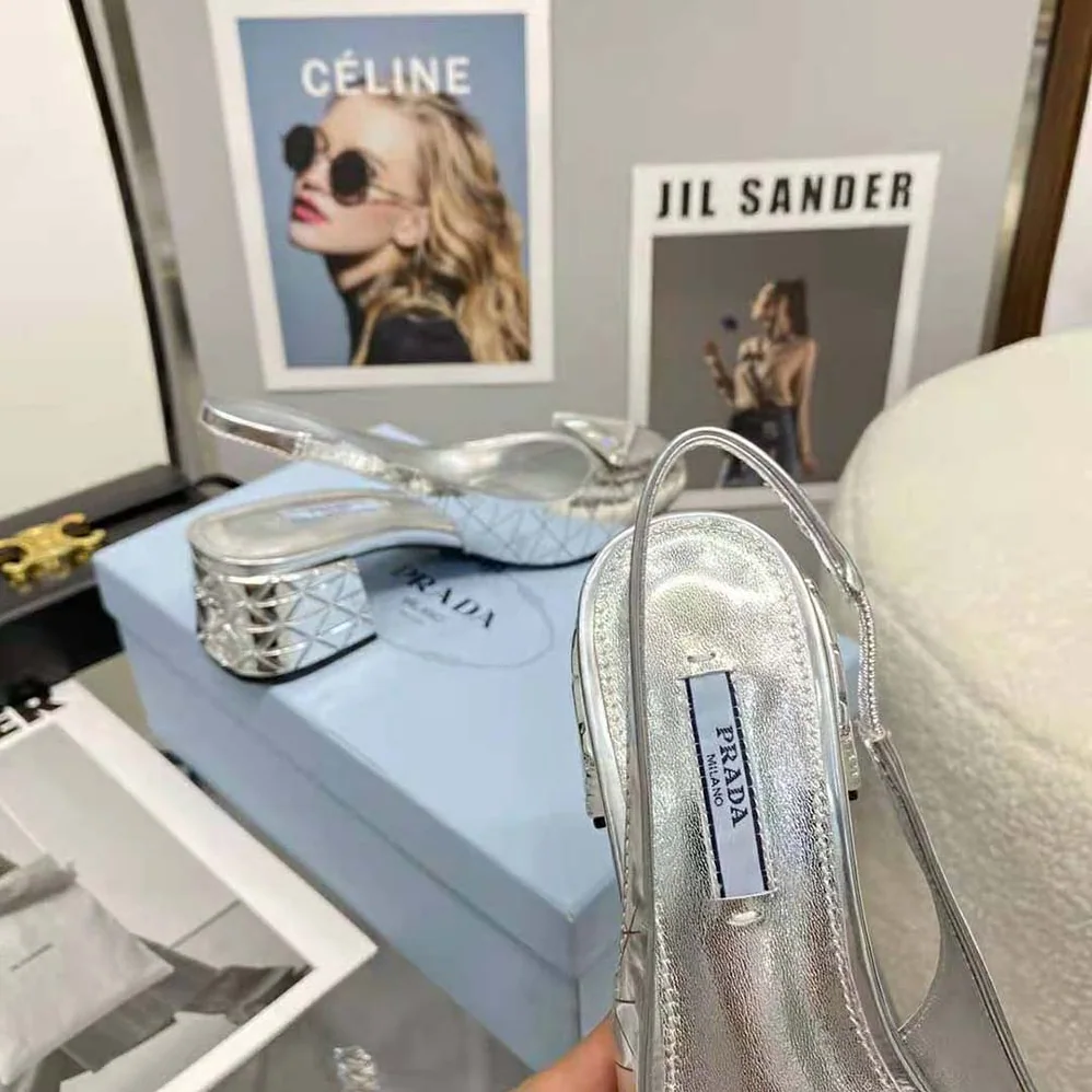 Prada Metallic Leather Slingback Pumps in 45mm Heel Height for Women in Silver