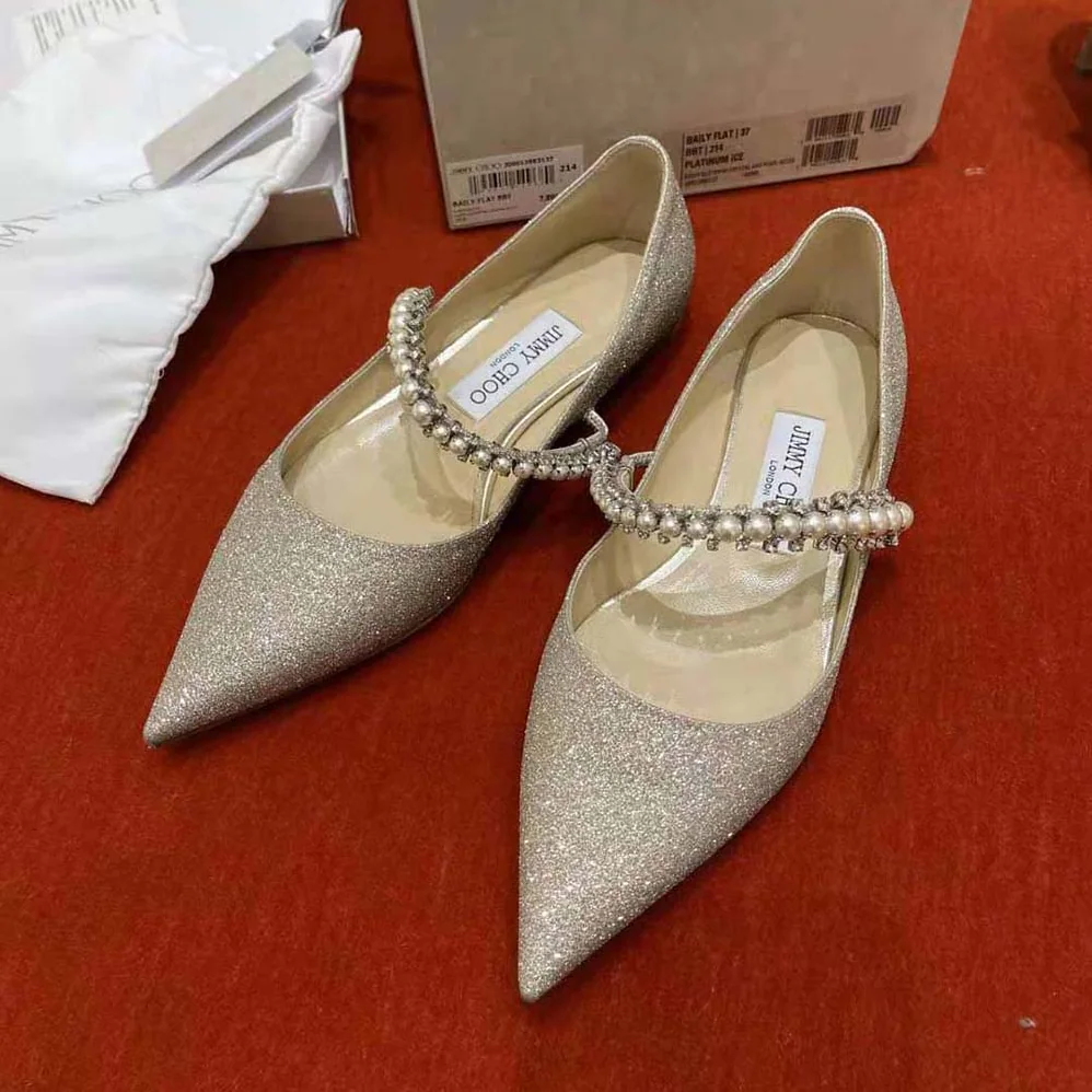 Jimmy Choo Baily Flat Platinum Ice Dusty Glitter Flats with Crystal and Pearl Strap for Women Jimmy Choo Baily Flat Platinum Ice Dusty Glitter Flats with Crystal and Pearl Strap for Women