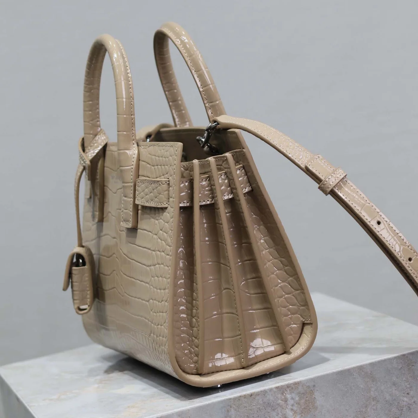 Saint Laurent YSL Sac De Jour in Crocodile Embossed Leather Nano for Women in Sandy Saint Laurent YSL Sac De Jour in Crocodile Embossed Leather Nano for Women in Sandy