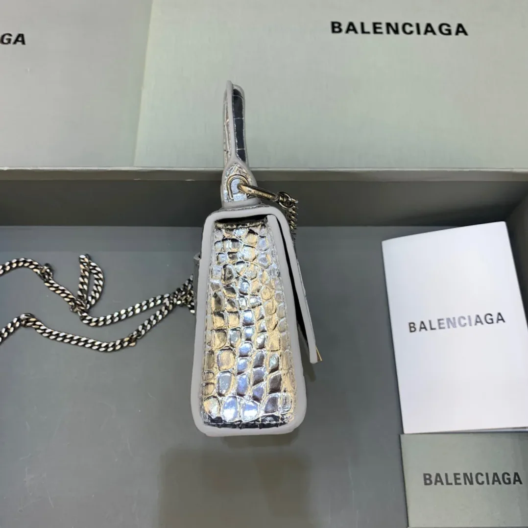 Balenciaga Hourglass Mini Handbag With Chain In Sliver