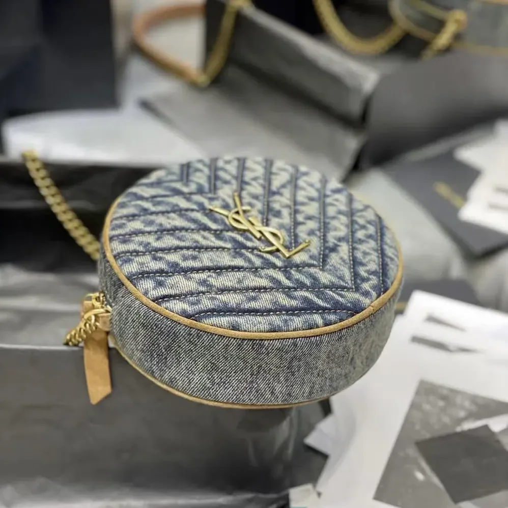 Saint Laurent YSL Logo-Plaque Round Crossbody Bag for Women in Navy Saint Laurent YSL Logo-Plaque Round Crossbody Bag for Women in Navy