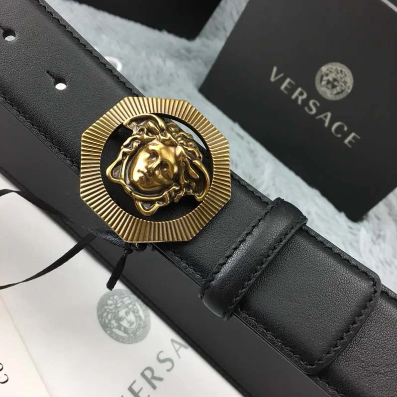 Versace Octagonal Medusa Leather Belt for Men in Black
