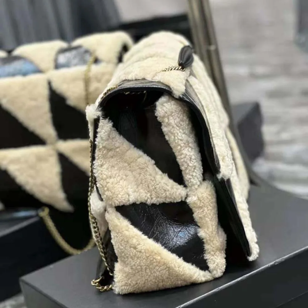 Saint Laurent YSL Jamie Giant Chain Bag “Carré Rive Gauche” in Suede and Shearling Patchwork for Women in Black Saint Laurent YSL Jamie Giant Chain Bag “Carré Rive Gauche” in Suede and Shearling Patchwork for Women in Black