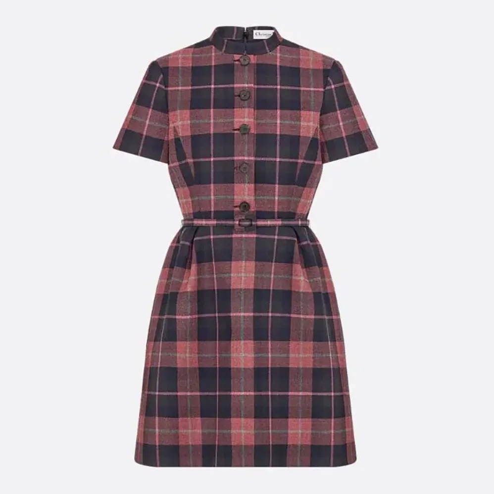 Dior Short Belted Dress Pink Gray and White Check'n'Dior Virgin Wool for Women Dior Short Belted Dress Pink Gray and White Check'n'Dior Virgin Wool for Women