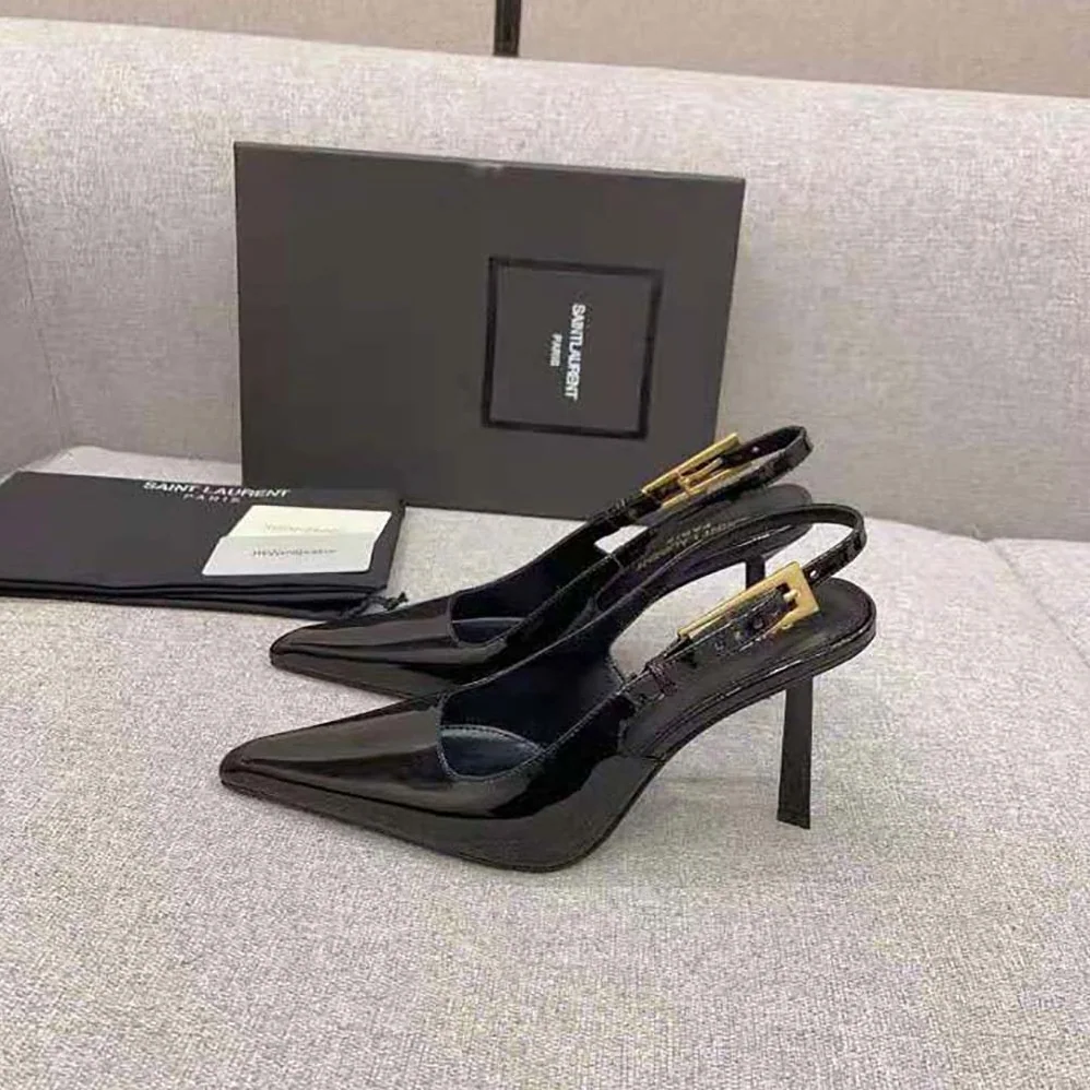 Saint Laurent YSL Lee Slingback Pumps in Glazed Leather for Women in Black Saint Laurent YSL Lee Slingback Pumps in Glazed Leather for Women in Black