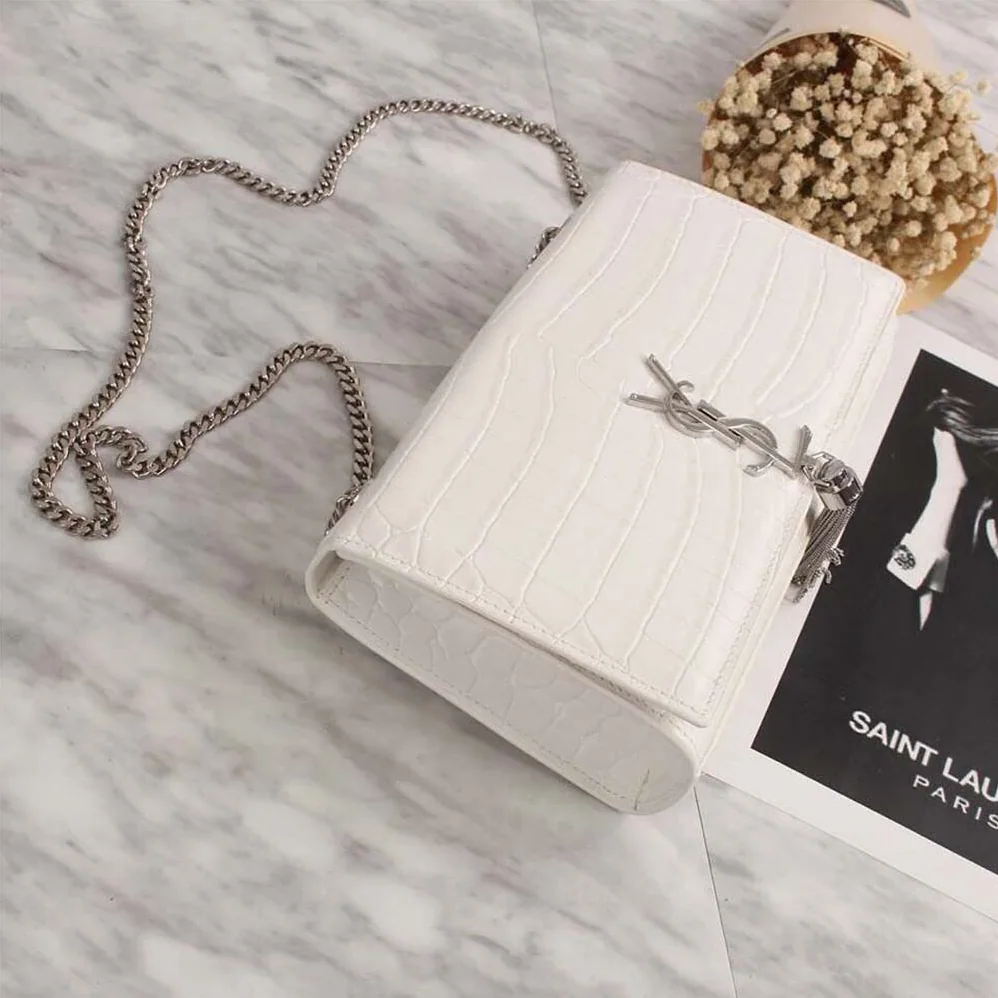 Saint Laurent YSL Kate Small Tassel Embossed Crocodile Shiny Calfskin for Women in White Saint Laurent YSL Kate Small Tassel Embossed Crocodile Shiny Calfskin for Women in White