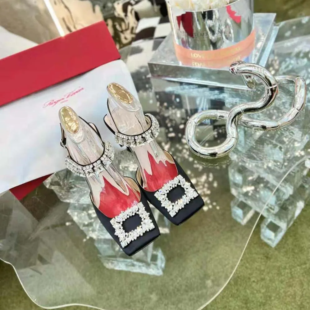 Roger Vivier Slingback Pumps Rhinestone Buckle in Satin for Women in Black Roger Vivier Slingback Pumps Rhinestone Buckle in Satin for Women in Black