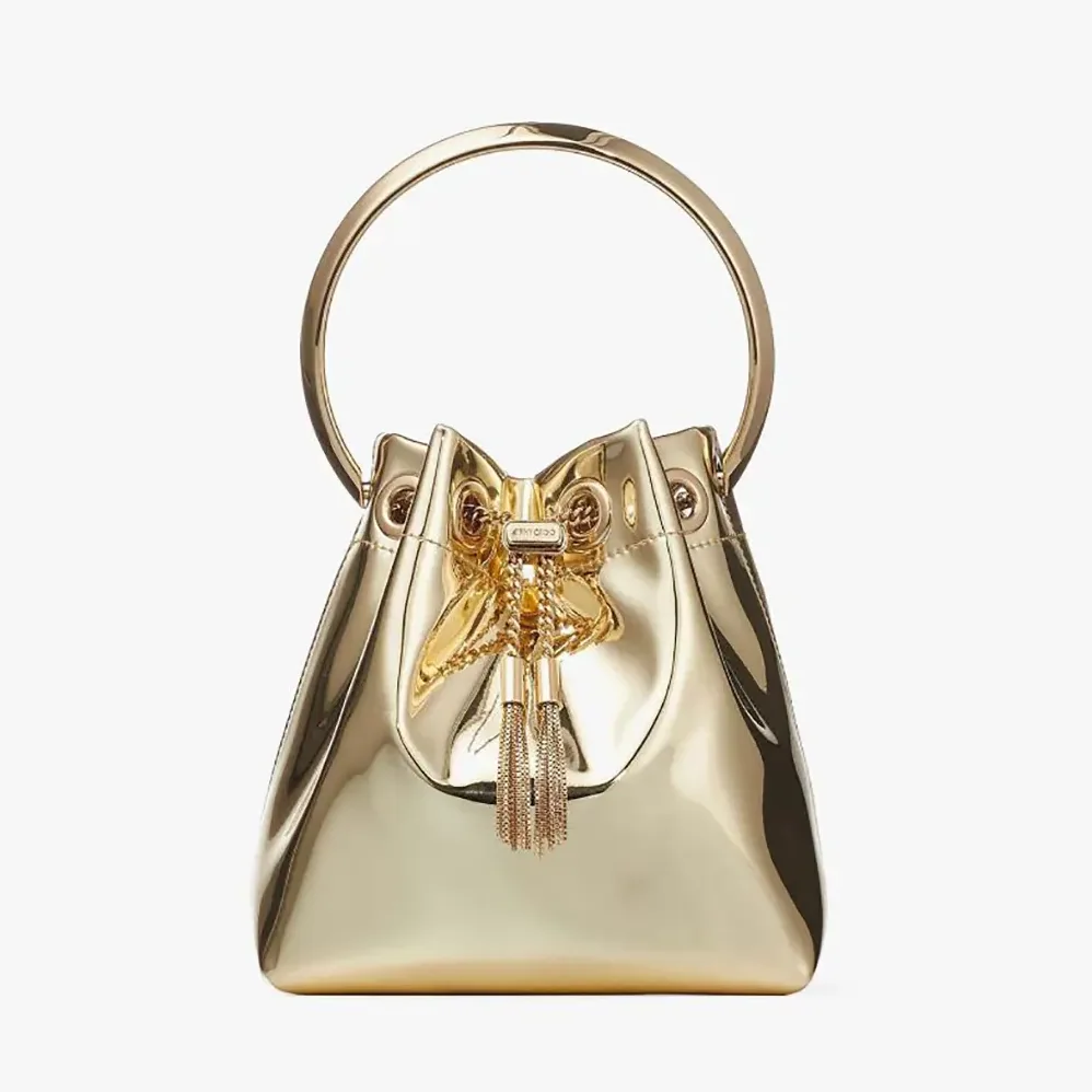 Jimmy Choo Bon Bon Gold Mirror Fabric Mini Bag with Metal Handle for Women Jimmy Choo Bon Bon Gold Mirror Fabric Mini Bag with Metal Handle for Women