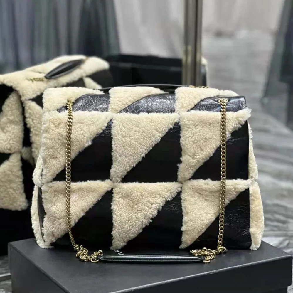 Saint Laurent YSL Jamie Giant Chain Bag “Carré Rive Gauche” in Suede and Shearling Patchwork for Women in Black Saint Laurent YSL Jamie Giant Chain Bag “Carré Rive Gauche” in Suede and Shearling Patchwork for Women in Black