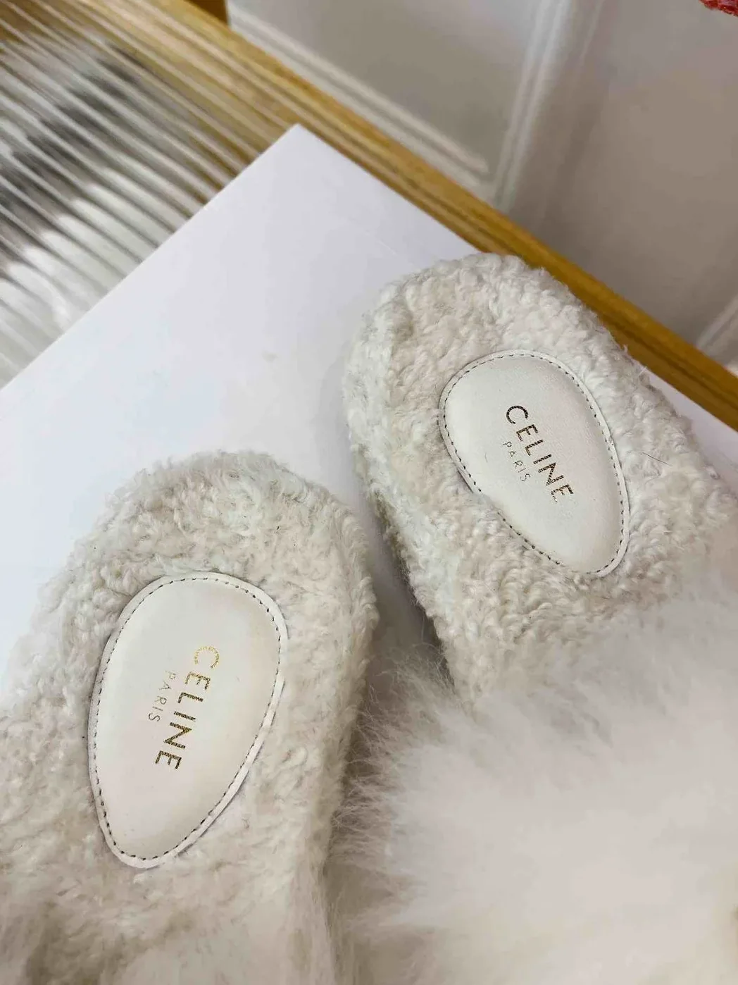 Celine Clea Triomphe Slide With Fur White Celine Clea Triomphe Slide With Fur White