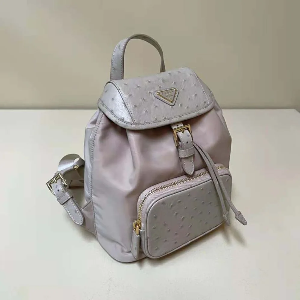 Prada Re-Nylon and Ostrich Leather Backpack for Women in Pink Prada Re-Nylon and Ostrich Leather Backpack for Women in Pink