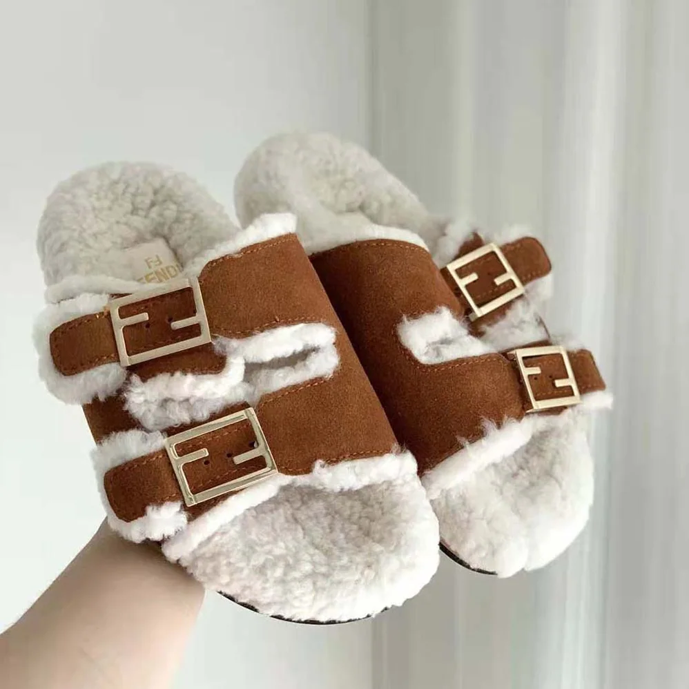 Fendi Feel White Sheepskin Slides for Women