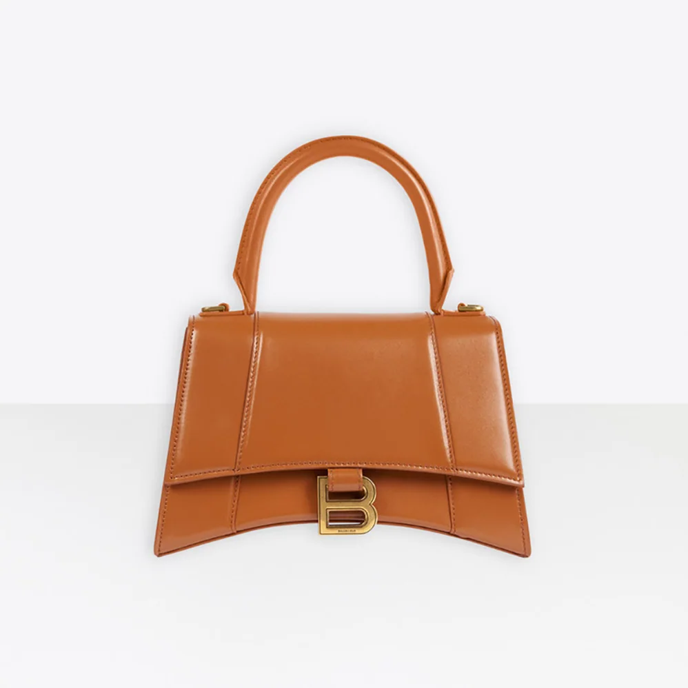 Balenciaga Hourglass Small Top Handle Bag in Shiny Box Calfskin for Women in Brown