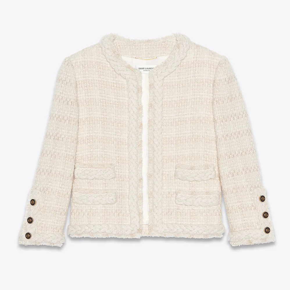Saint Laurent YSL Short Jacket in Check Wool and Silk Tweed for Women Saint Laurent YSL Short Jacket in Check Wool and Silk Tweed for Women