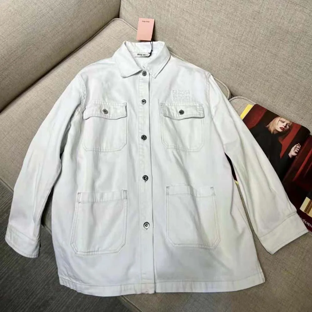 Miu Miu Denim Blouson Jacket with Embroidered Logo for Women Miu Miu Denim Blouson Jacket with Embroidered Logo for Women