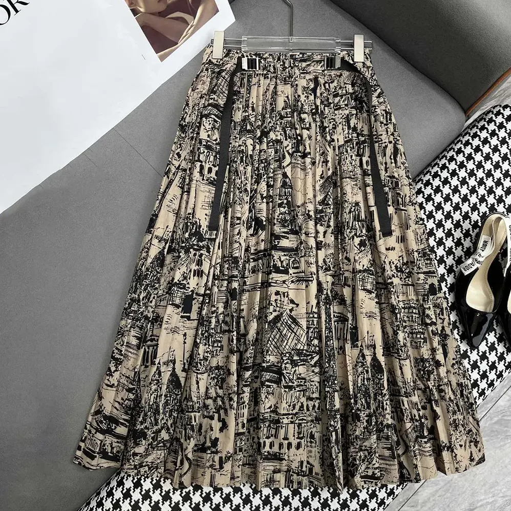 Dior Pleated Mid-Length Skirt Beige and Black Cotton Gabardine with Paris Allover Motif for Women