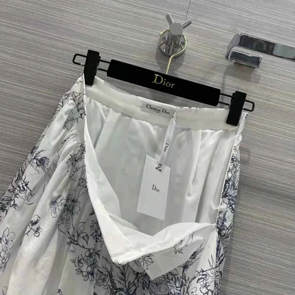 Dior Mid-Length Skirt Navy Blue Cotton Muslin with Toile de Jouy Flowers Motif for Women