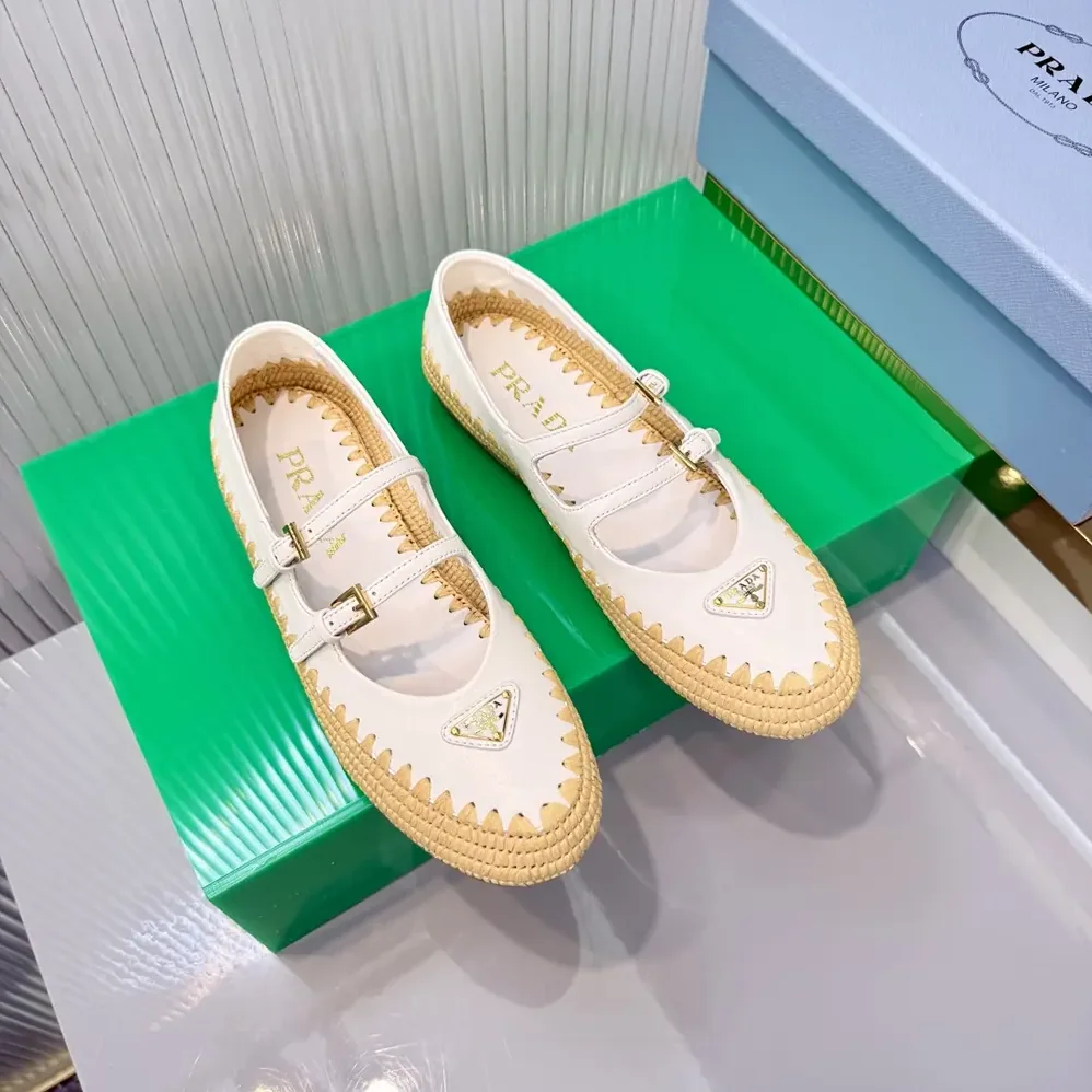 Prada Nappa Leather And Raffia Ballerinas for Women in White