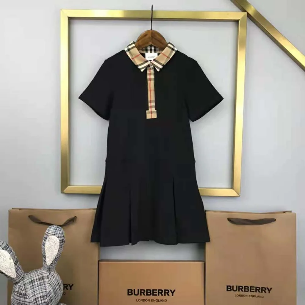 Burberry Girls' Vintage Check Trim Cotton Piqué Polo Shirt Dress in Black Burberry Girls' Vintage Check Trim Cotton Piqué Polo Shirt Dress in Black