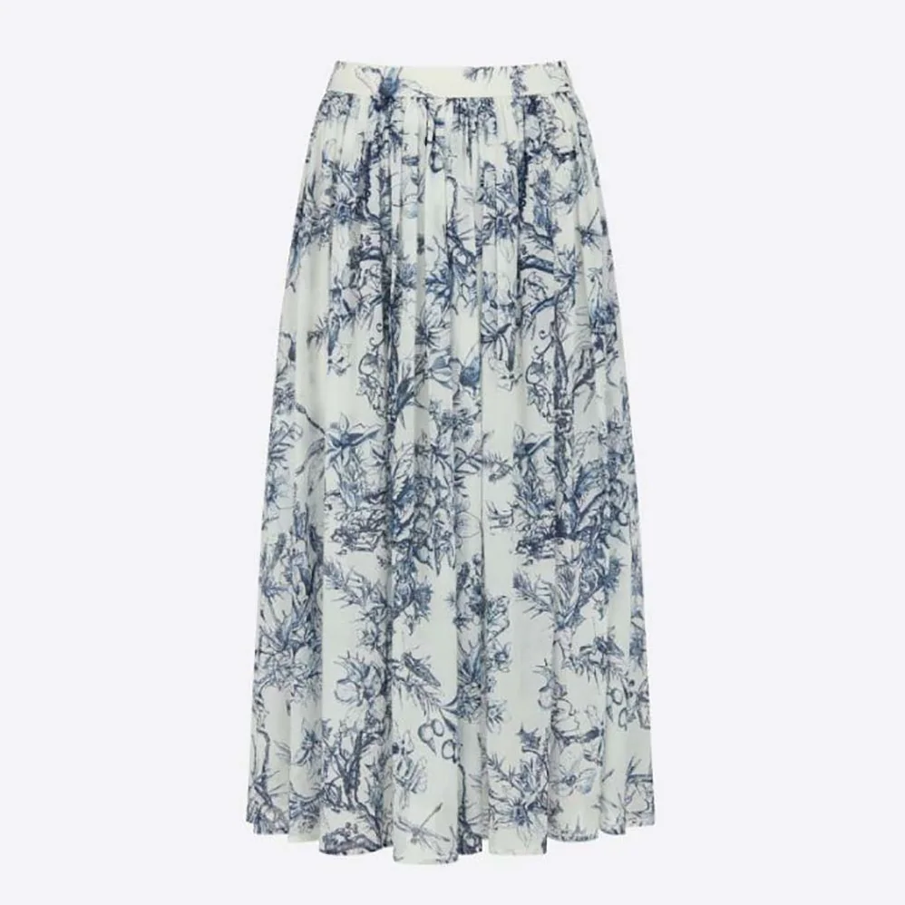 Dior Mid-Length Skirt Navy Blue Cotton Muslin with Toile de Jouy Flowers Motif for Women