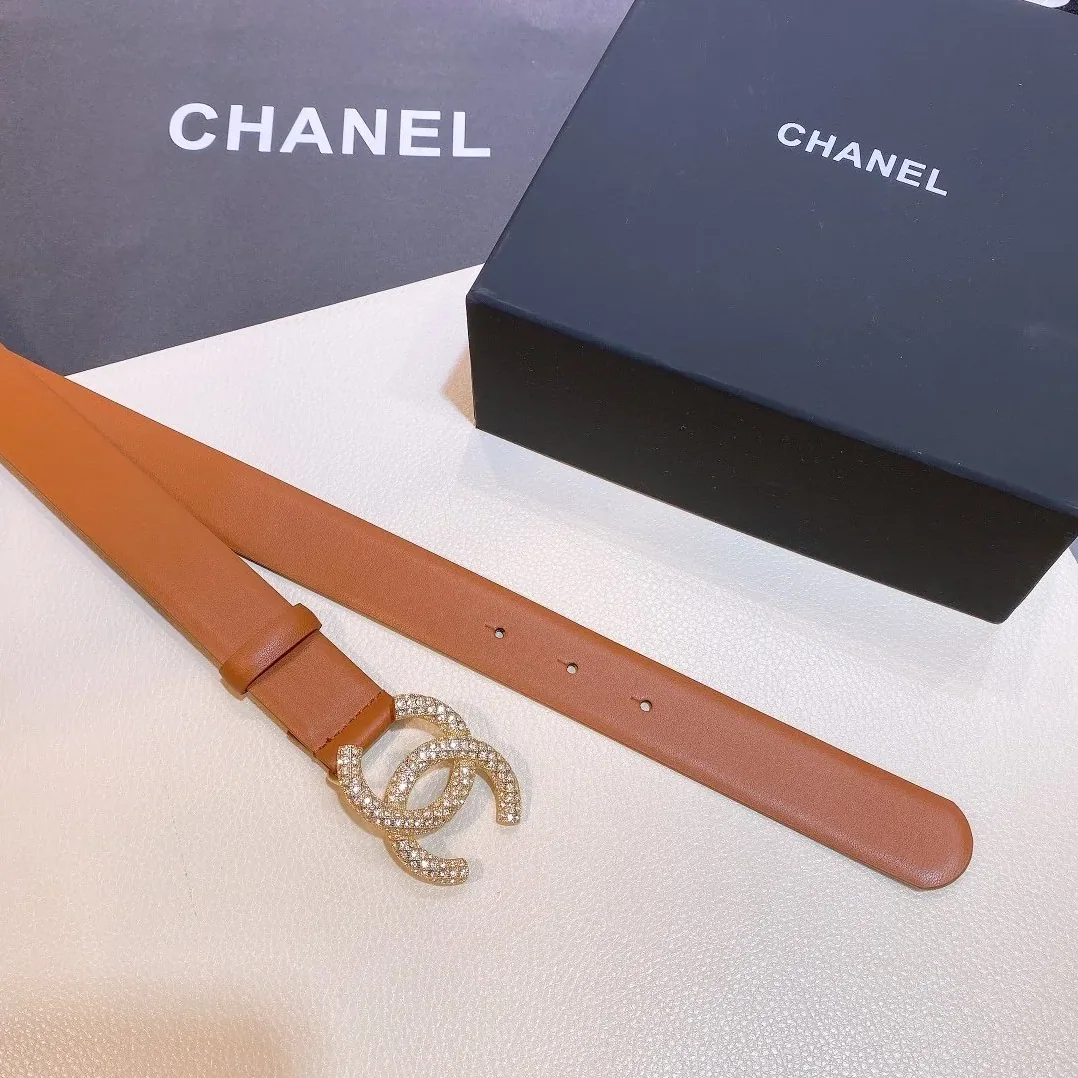 Chanel Brown Belt With Double C Buckle Gold-Toned and Strass Metal for Women
