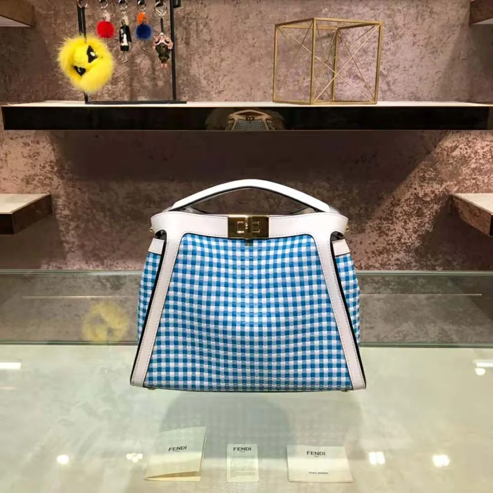 Fendi Peekaboo Iconic Essentially Check Interlace Bag for Women in Blue