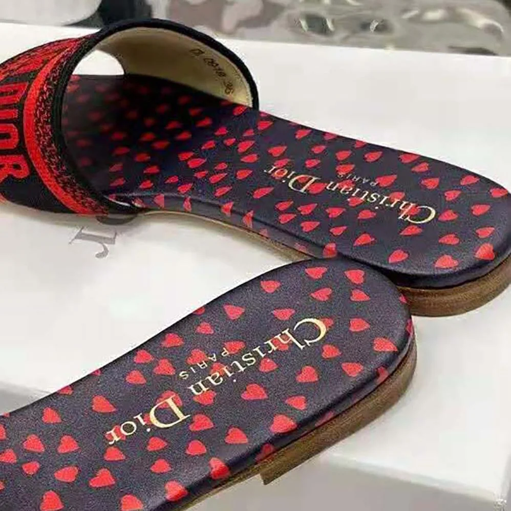 Dior Dway Slide Navy Blue and Red Hearts I Love Paris Embroidered Cotton for Women Dior Dway Slide Navy Blue and Red Hearts I Love Paris Embroidered Cotton for Women